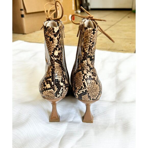 ASOS Design Tan / Brown Snake Animal Print Lace Up Kitten Heel Ankle Boots - Picture 4 of 9